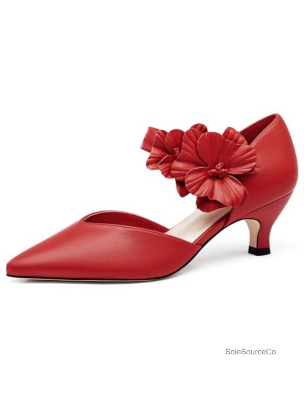 Slip On Kitten Heel Pumps with Flower Ankle Strap, Faux Leather